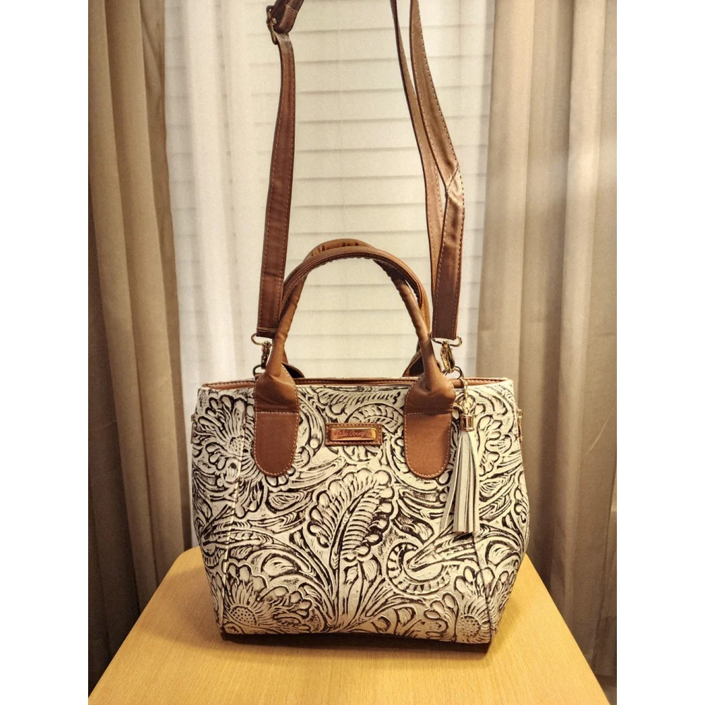 Brown Off White Zippered Floral Embossed Tooled Artisanal LEATHER Bag Purse